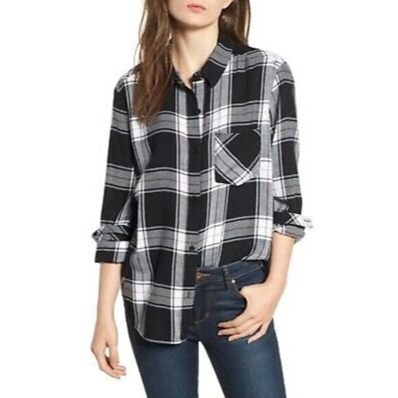BP Nordstrom Juniors Cmile Plaid Top Size S Button Down Black Multi NWT B97 - Picture 1 of 6